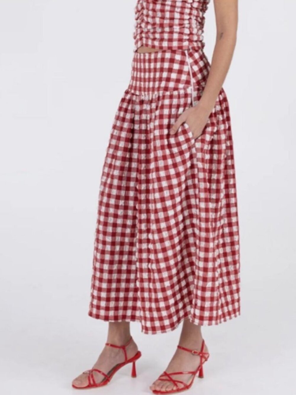 Wray Lulu Crinkle Gingham Midi Skirt w/ Pockets, EUC size M